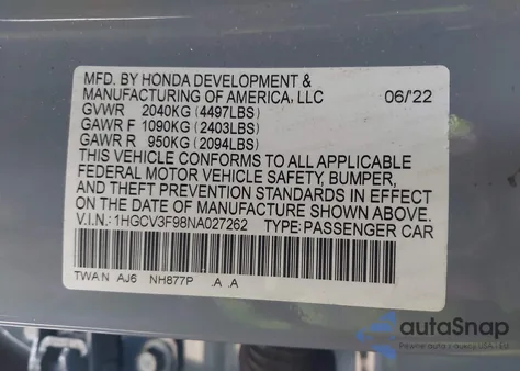 2022 Honda Accord Hybrid Touring from USA, damaged, VIN 1HGCV3F98NA027262